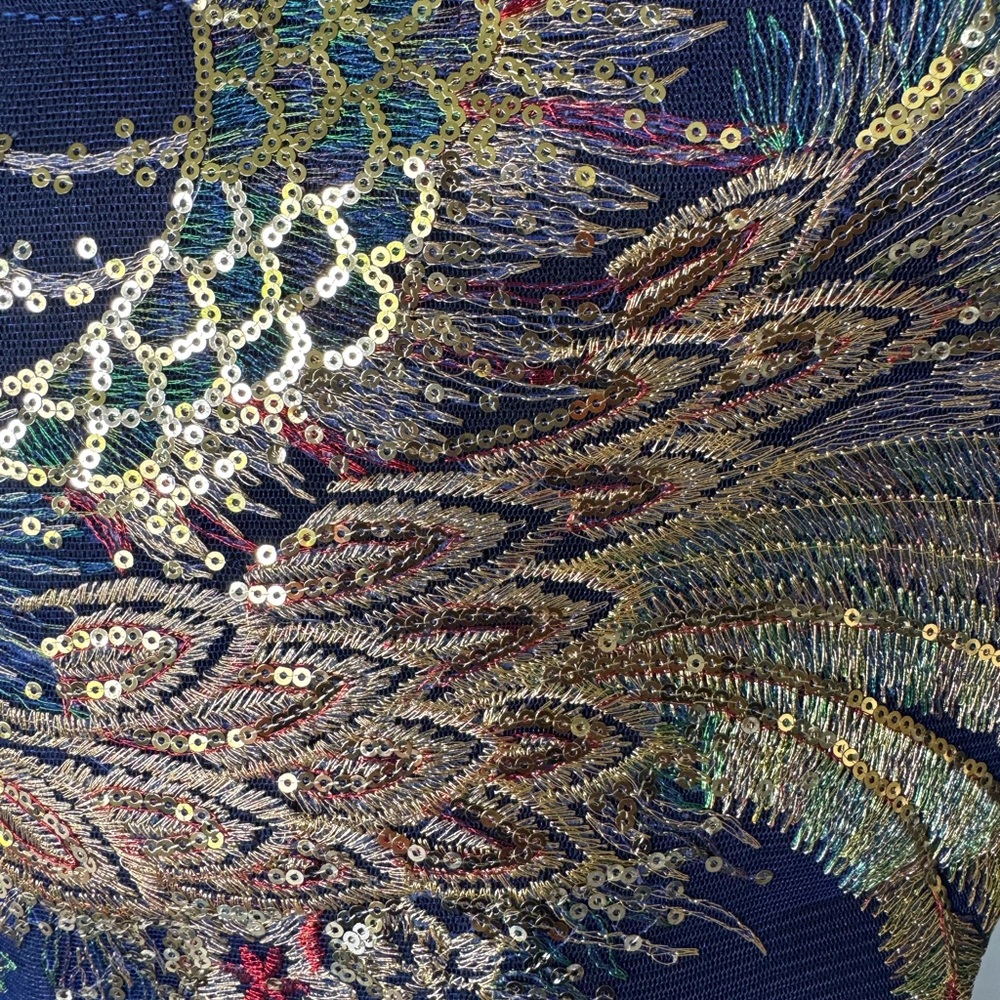 Blue Tote Hand Bag with Intricate Phoenix Design and Side Beads. - Picture 7 of 11